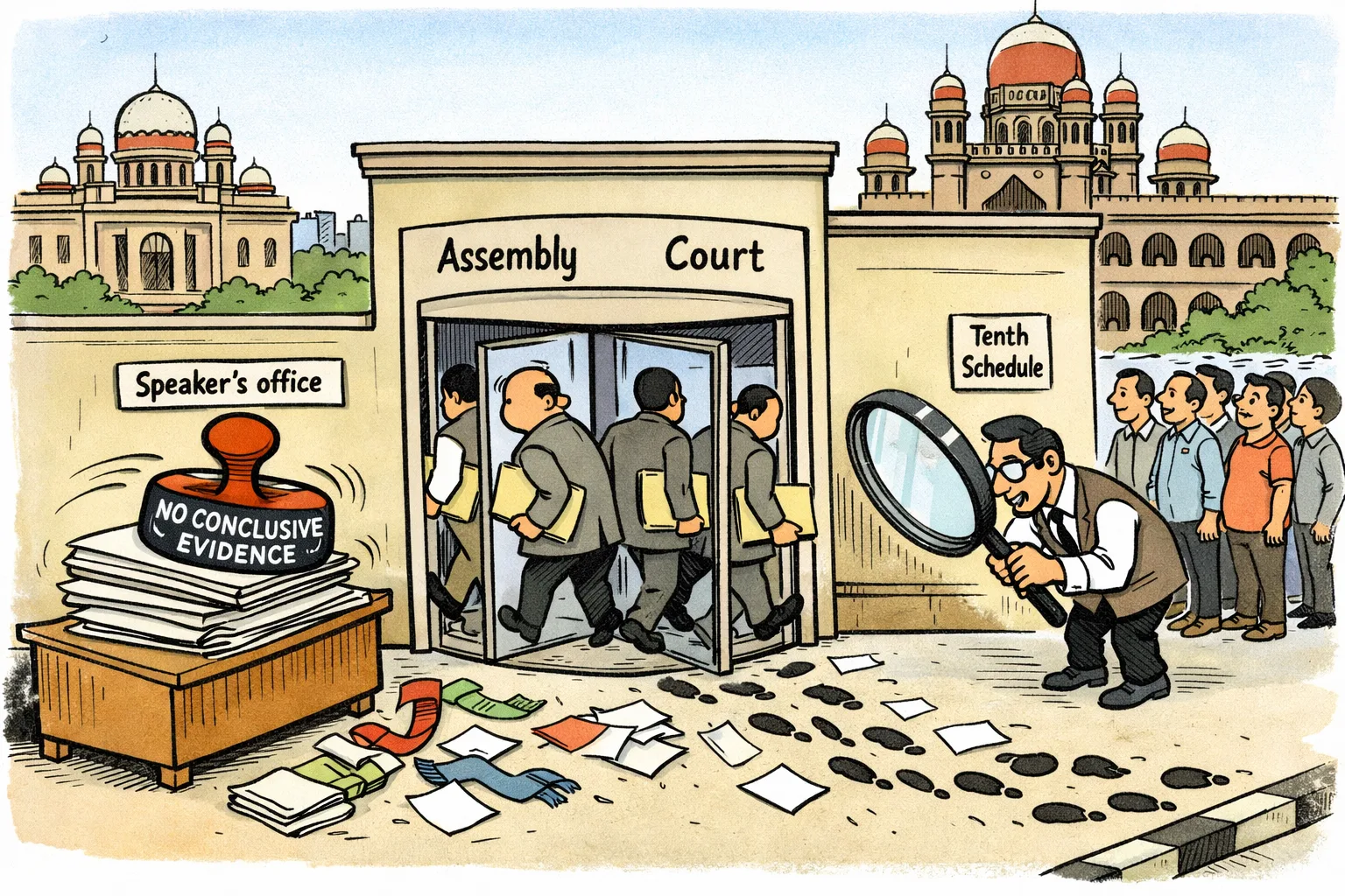 A Telangana High Court-style courtroom examines a trail of files and footprints leading through a revolving door from the Assembly, while a tiny official stamp tries to cover ten disqualification files.