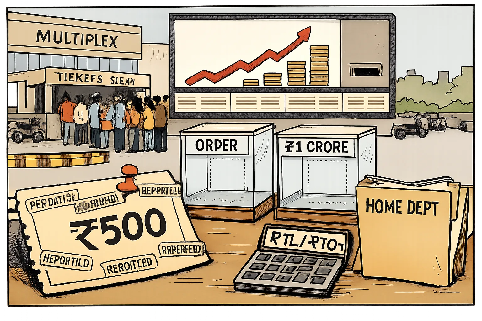 An oversized ₹500 cinema ticket has several report stamps, while empty cases labelled order and ₹1 crore sit beside a blank government file and a calculator showing ₹1 lakh versus ₹1 crore outside a Hyderabad multiplex.
