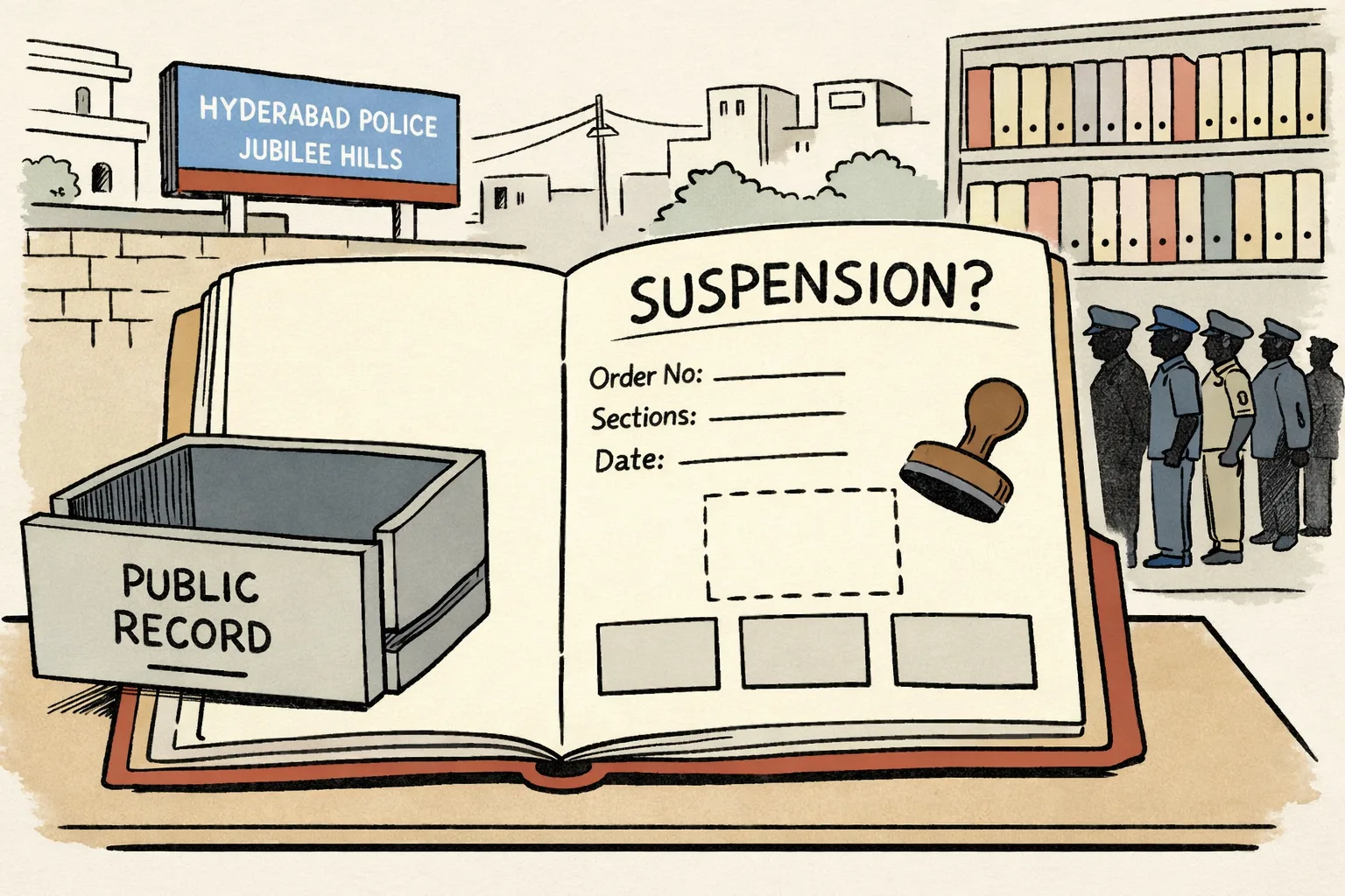 An oversized folder marked “SUSPENSION?” sits open on a desk with blank spaces for an order number, sections and dates; the page labelled “ORDER” is missing from an empty public-record drawer.