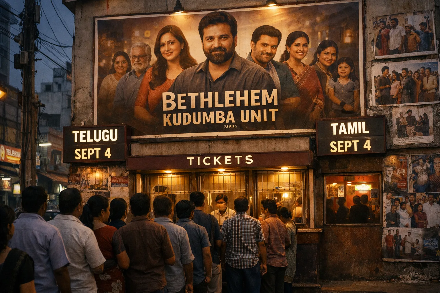 A Hyderabad cinema exterior displays Bethlehem Kudumba Unit posters beside Telugu and Tamil release panels, with a small evening queue.