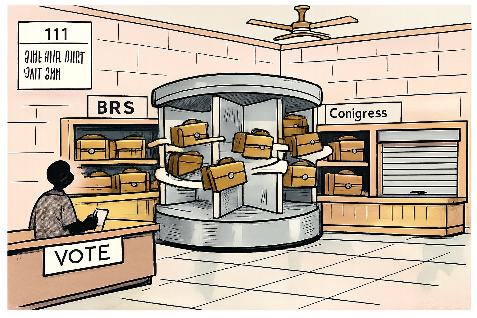 A cartoon Telangana government-office corridor shows nine files moving through a transfer window from a BRS-labelled shelf to a Congress-labelled shelf while a voter waits at a closed explanation counter.