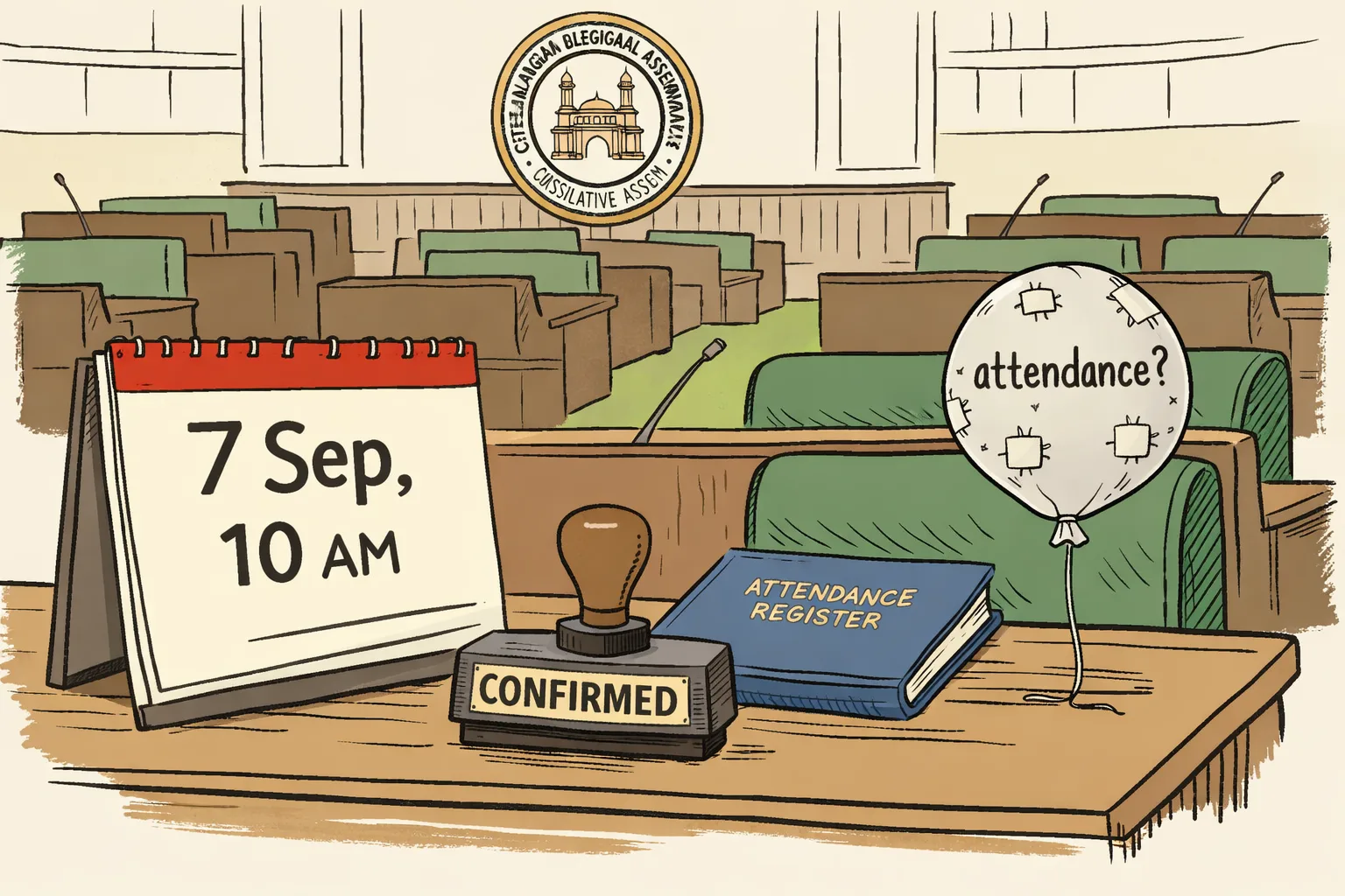 Inside a Telangana Assembly-style chamber, a desk calendar marked 7 September at 10 a.m. sits beside a confirmed stamp, while a small question-mark balloon labelled attendance? floats over an empty seat and a closed register.