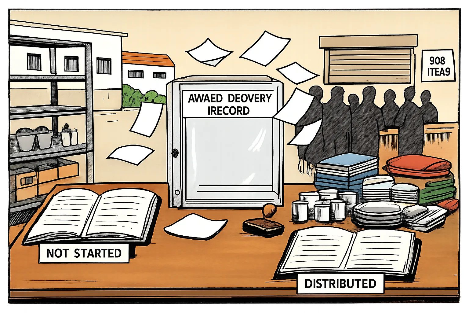 A Telangana Gurukul storeroom shows two ledgers giving opposite accounts of supplies, while an empty file labelled award and delivery record sits between them.