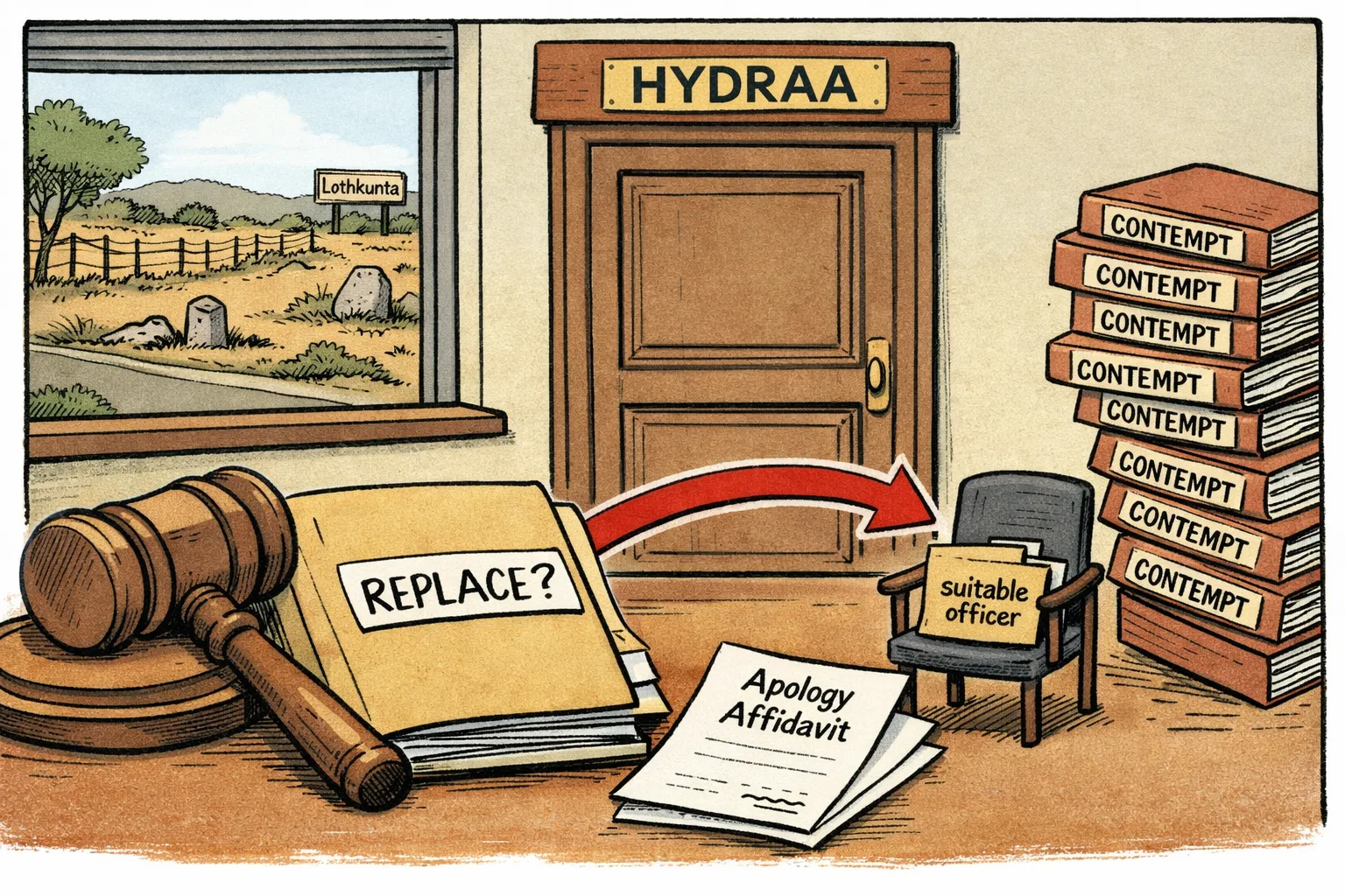 A Telangana High Court gavel points toward a large HYDRAA office door while a Chief Secretary’s desk holds an unfiled apology affidavit and a replacement-officer file; behind them, a fenced 40-acre plot and a small Lothkunta sign are visible.