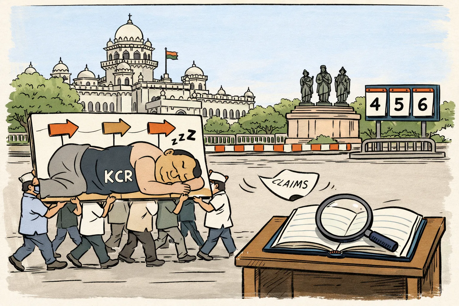 A protest group carries a sleeping-giant placard past the Telangana Assembly while deadline boards point to different demands, and an empty attendance register sits on a desk nearby.