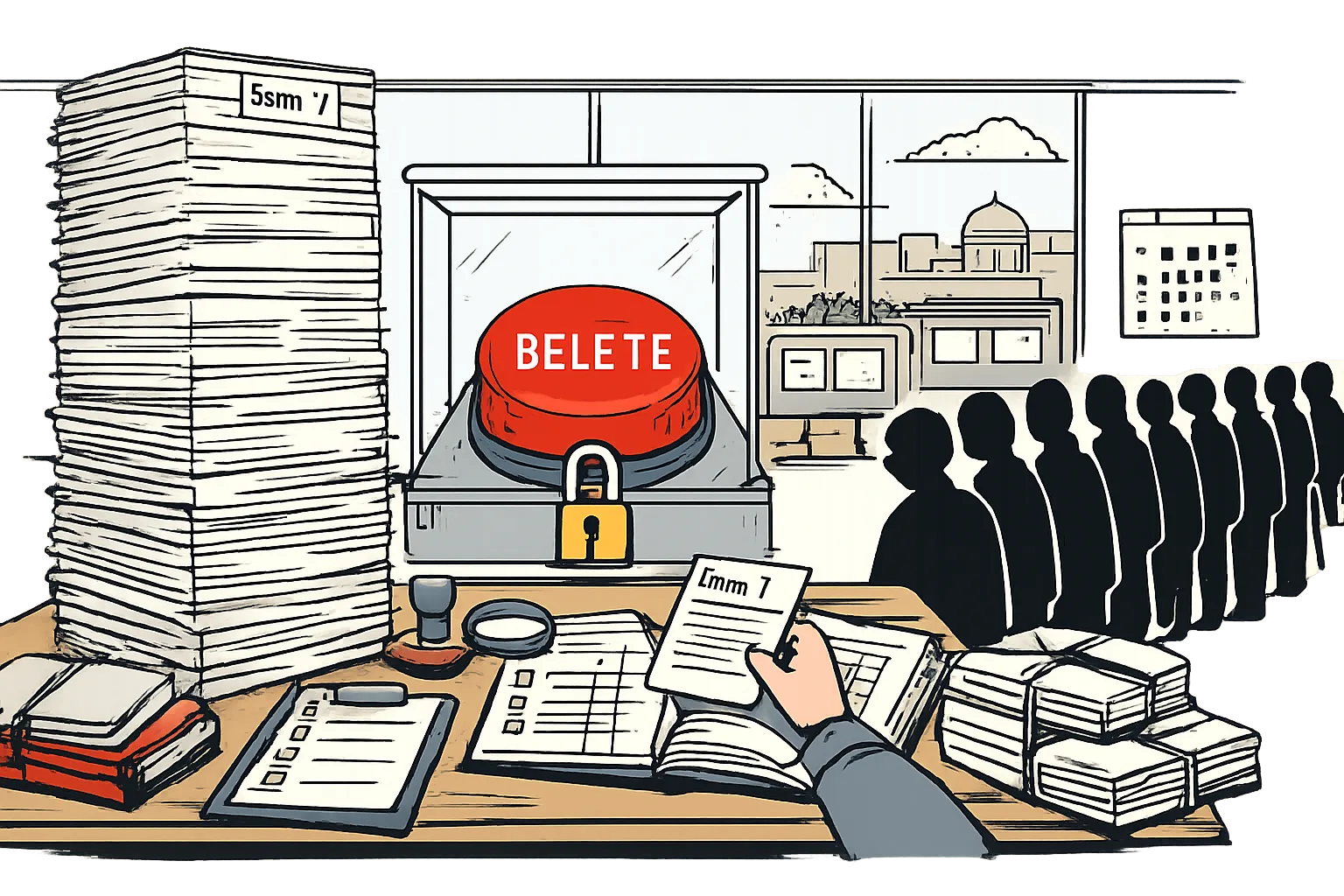 A towering stack of Form 7 papers sits on a verification desk beside a locked oversized delete button, with an orderly queue of citizens and a Telangana government-office setting behind it.