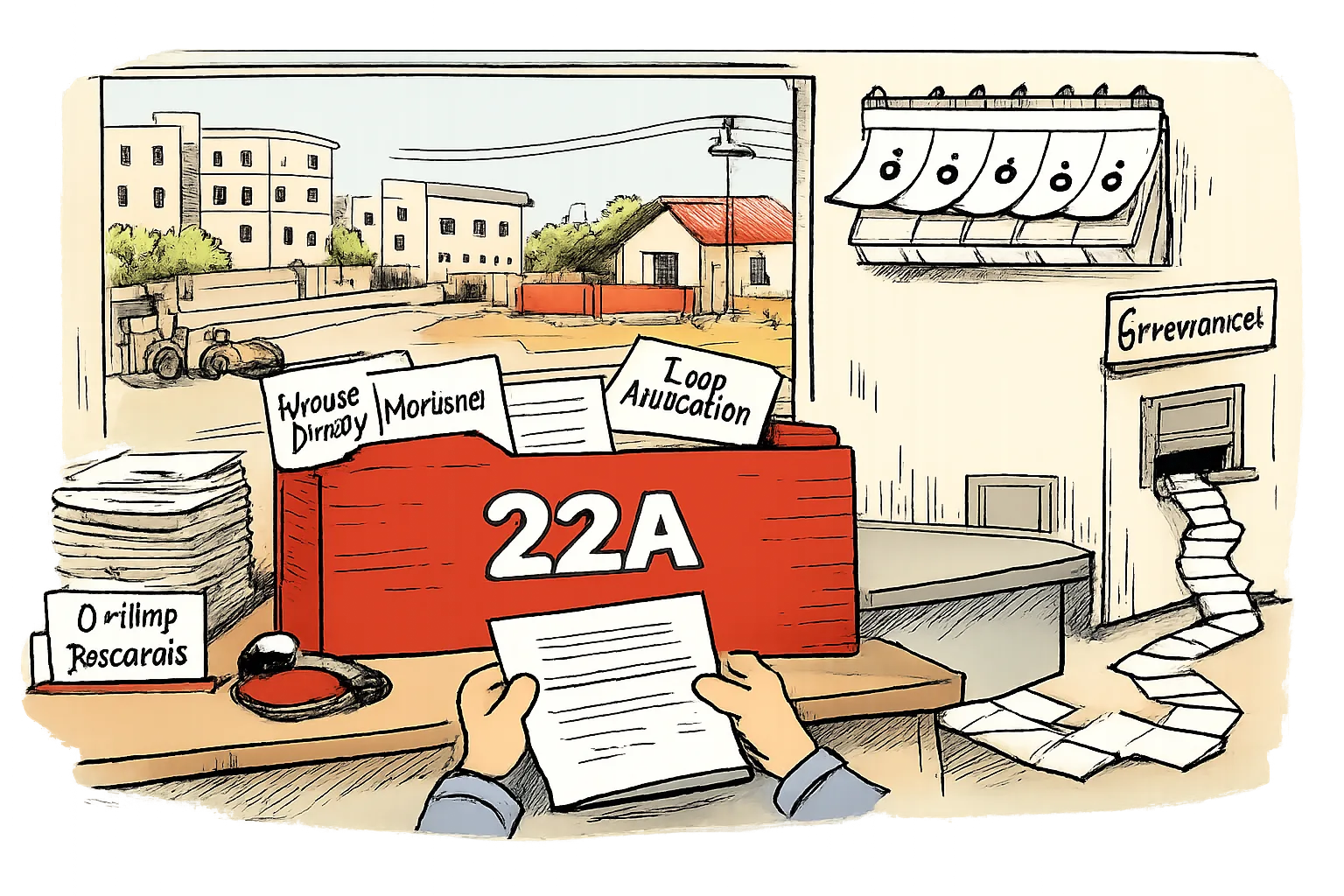 A large file marked 22A forms a wall blocking property deeds and loan papers at a Telangana registration counter, while a six-week calendar and a narrow grievance window sit behind piles of forms.
