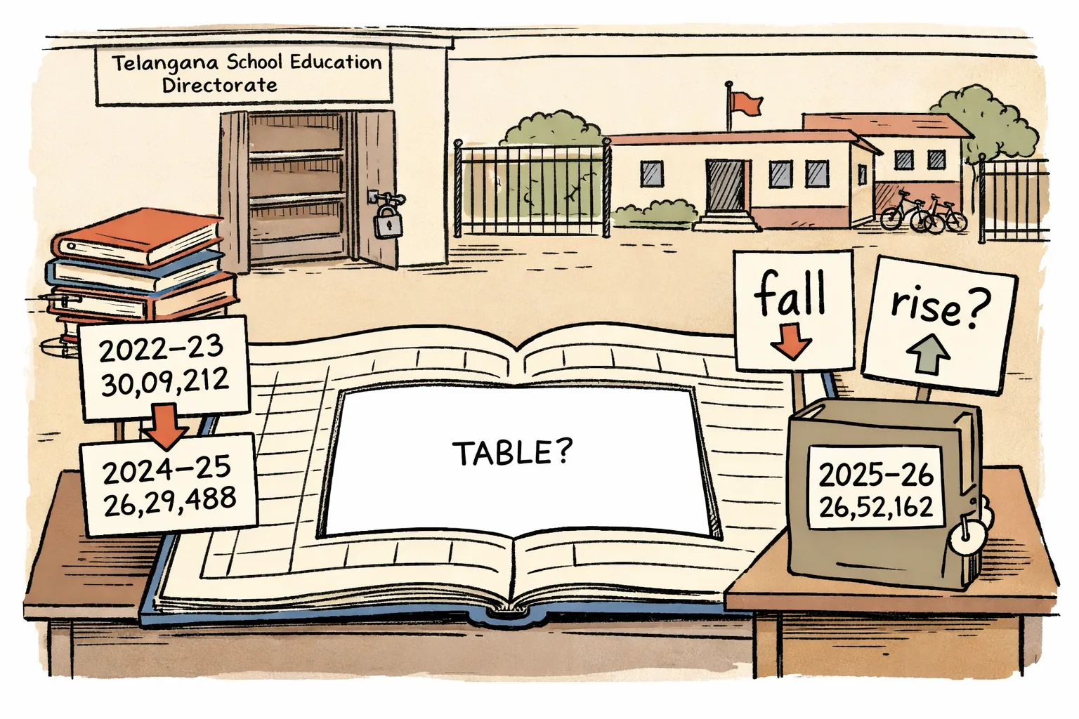 An oversized school-enrolment register with its year-wise table cut out sits between conflicting stacks of official number cards outside a Telangana education office.