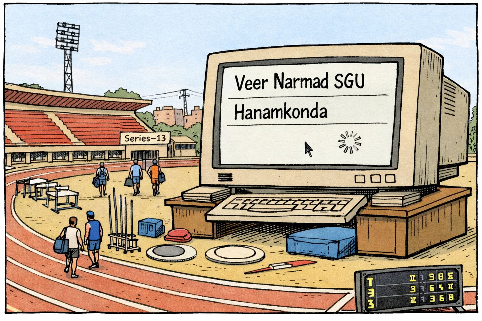 At a Hanamkonda athletics stadium after a meet, finished track-and-field equipment sits beside a giant computer screen showing two conflicting venue names and a blinking loading symbol.