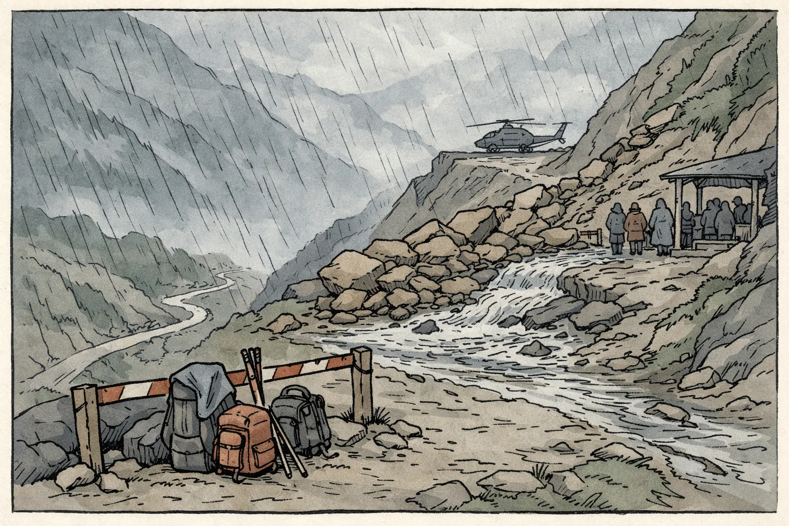 A rain-soaked Himalayan route near Kedarnath is blocked by landslide debris, with luggage and walking sticks near a barrier, distant pilgrims sheltering and a grounded helicopter in the mist.