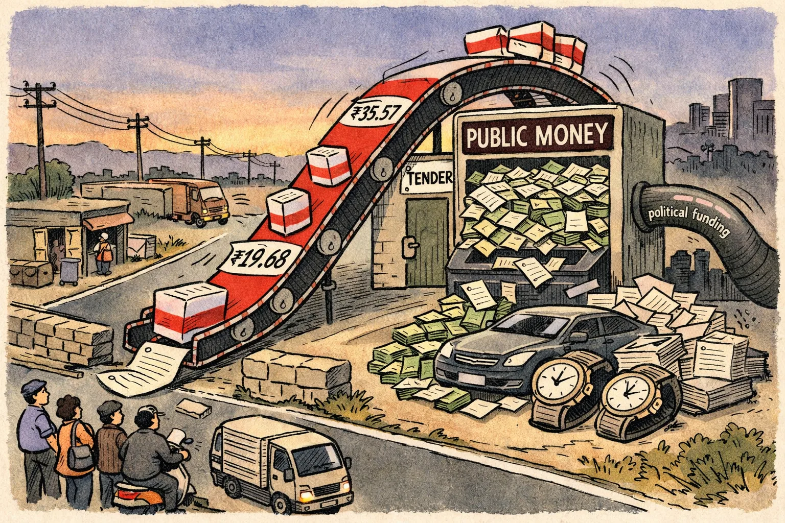 A crooked liquor-carton conveyor from a government tender office feeds an oversized public-money ATM, spilling cash, watches, property papers and a bill across an Andhra-Telangana border road.
