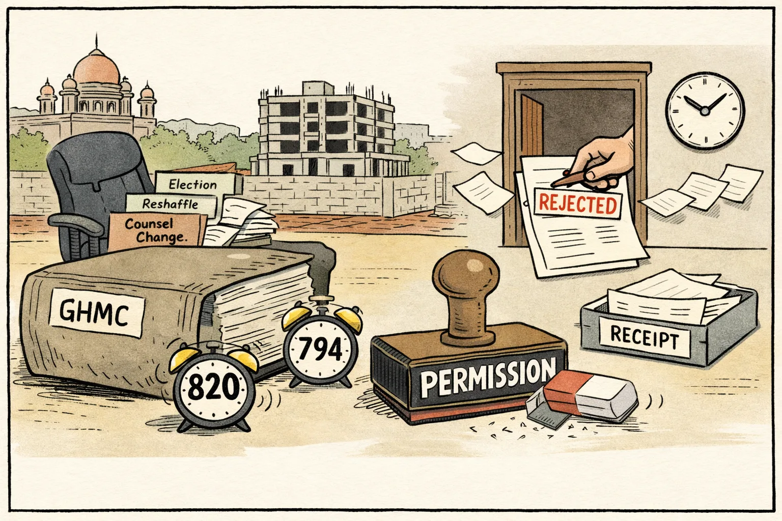A giant GHMC file beside alarm clocks marked 820 and 794 sits under election papers, while a courthouse hand rejects appeal documents and a permission stamp is being erased beside a receipt.