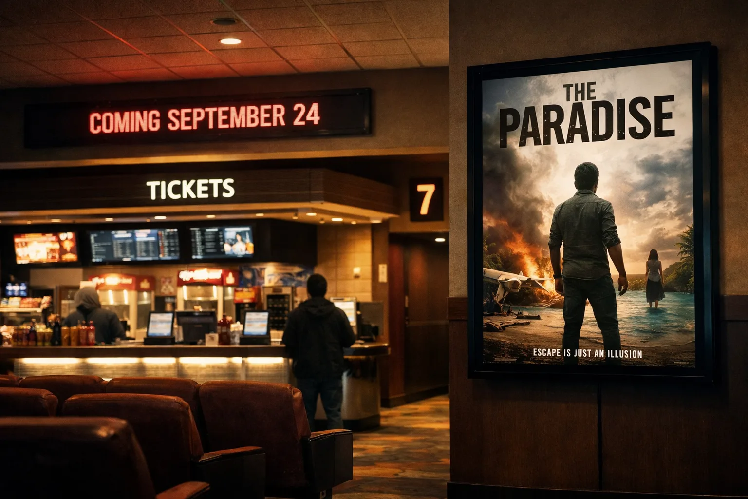 A United States cinema lobby displays a poster for The Paradise beside a ticket counter and theatre entrance.