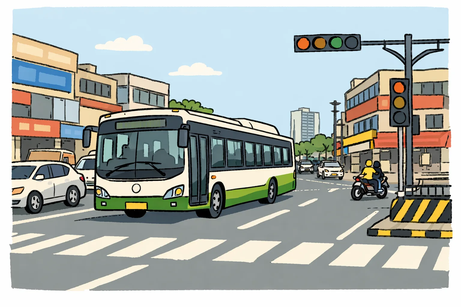 A TGSRTC electric bus travels along a busy Ameerpet road in Hyderabad near commercial buildings and traffic signals.