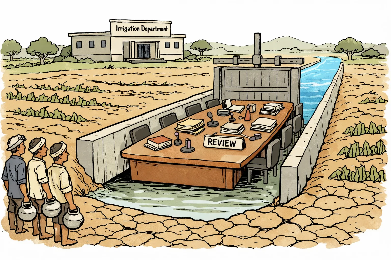A dry Telangana farm lies beside a locked irrigation gate, while a tall stack of meeting files and microphones blocks the canal; a small queue of farmers waits near the parched fields.