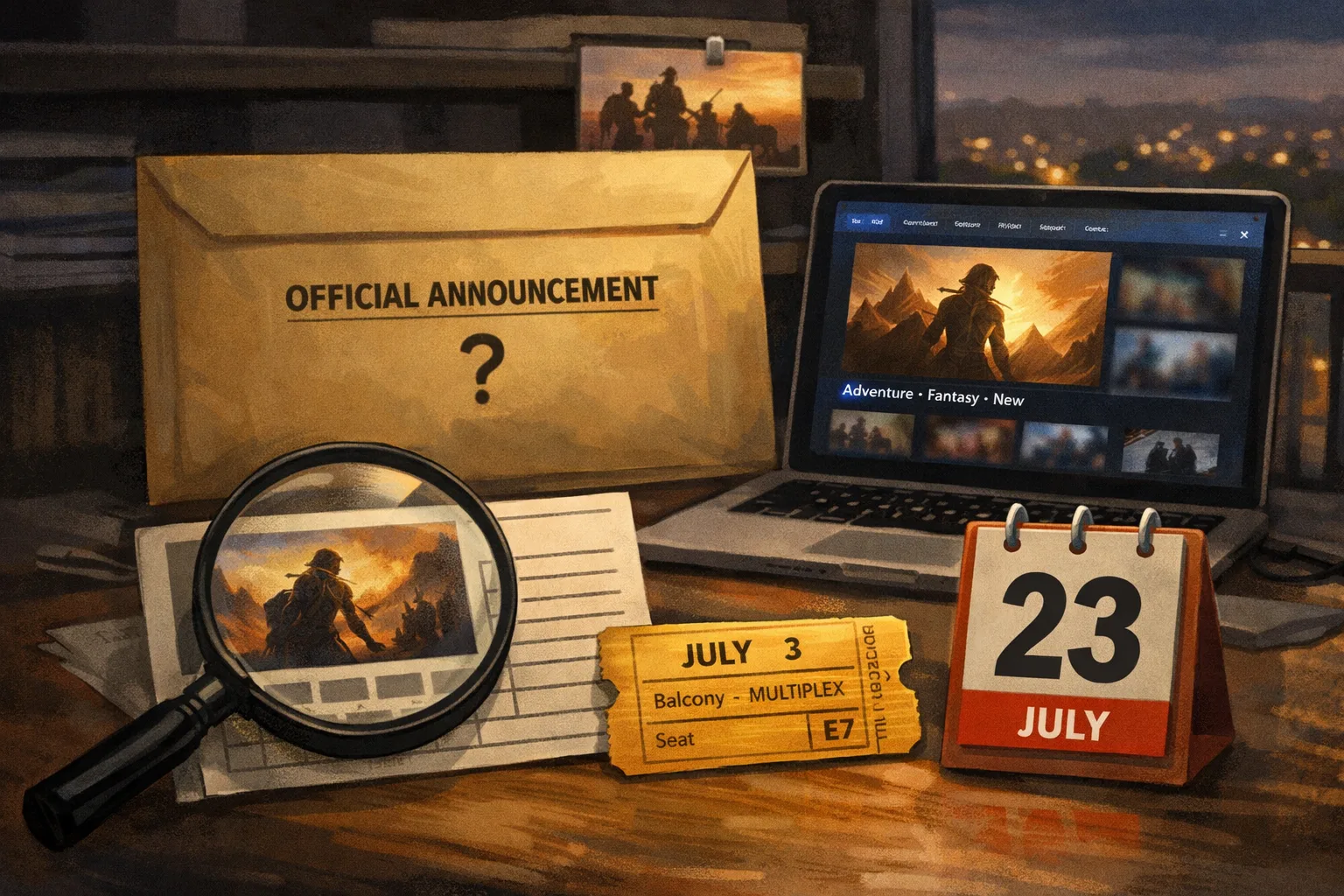 A laptop showing an indistinct adventure-film listing beside a magnifying glass, a cinema ticket and a calendar marked July 23, with a Prime Video-style streaming screen in the background and a question mark over an unopened announcement envelope.