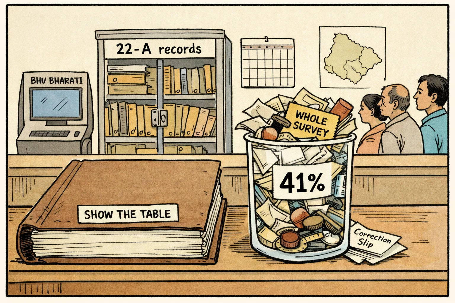 A giant closed land ledger and an overflowing jar marked 41% sit on a Telangana government records counter, with tangled survey files and a locked cabinet of 22-A folders behind them.