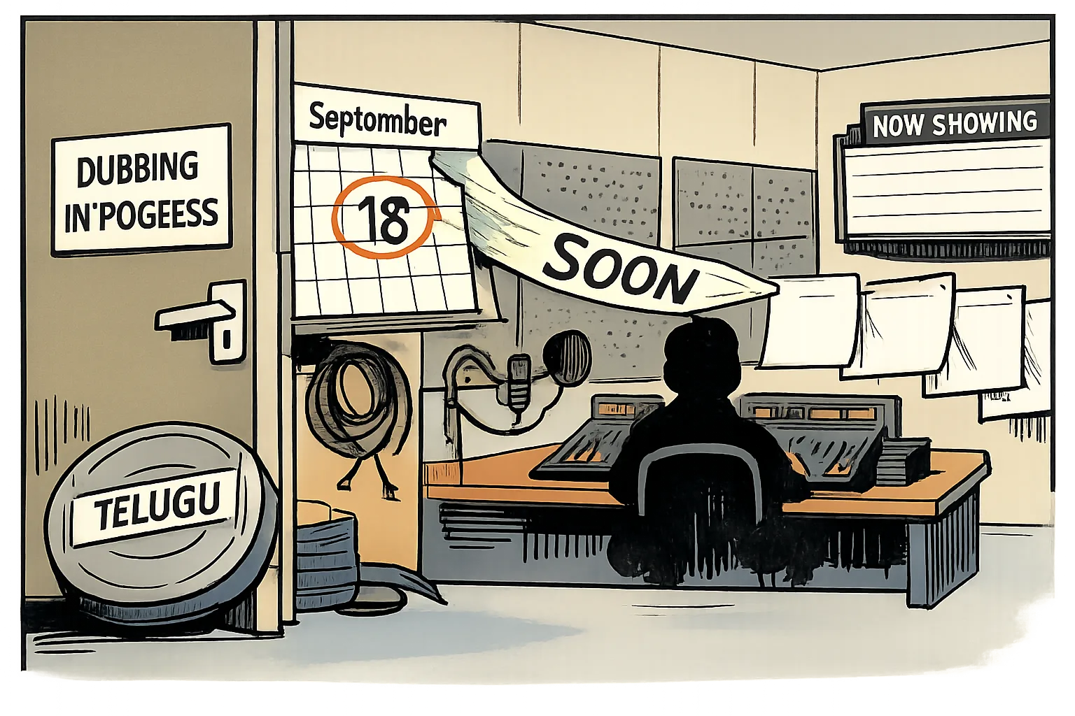 A film canister marked Telugu waits outside a dubbing studio while a calendar page marked September 18 is pulled toward blank future dates by a strip labelled Soon.