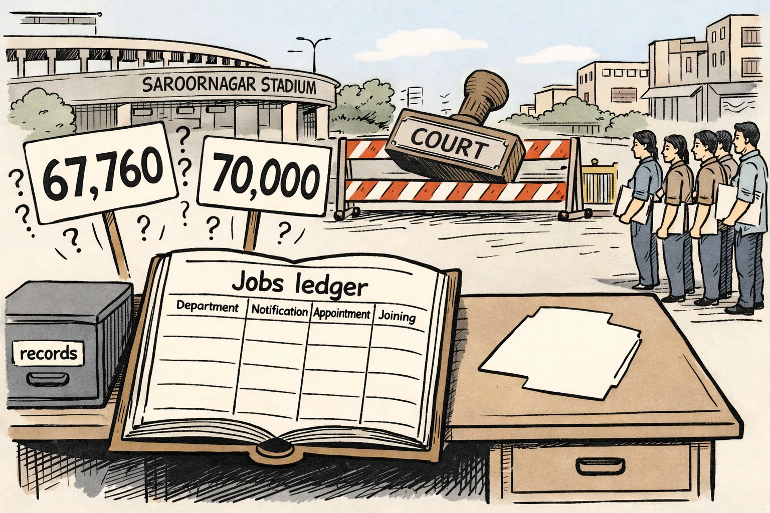 A giant government jobs ledger sits on a desk in front of Saroornagar Stadium, but its pages are blank while oversized number cards marked with question marks hang above it; a courthouse stamp rests beside the ledger and a police barricade stands near the stadium gate.