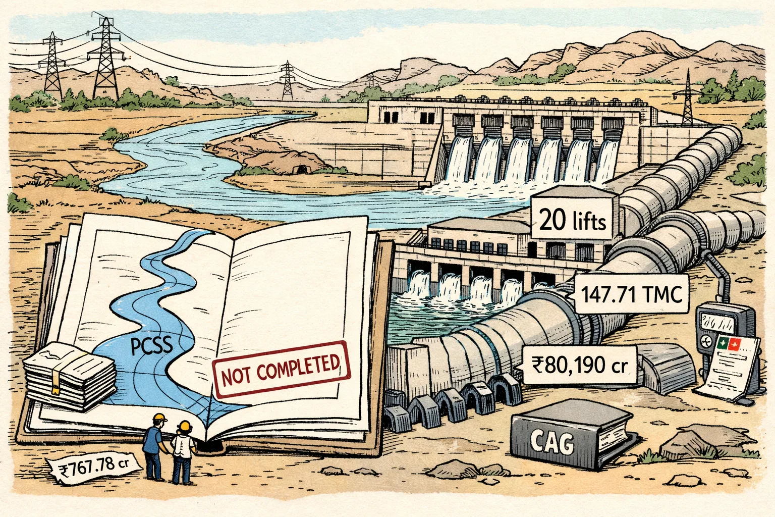 A Telangana irrigation project file sits beside a concrete barrage, with a rolled paper river plan on one side and large pumps, reservoirs and rising cost tags on the other.