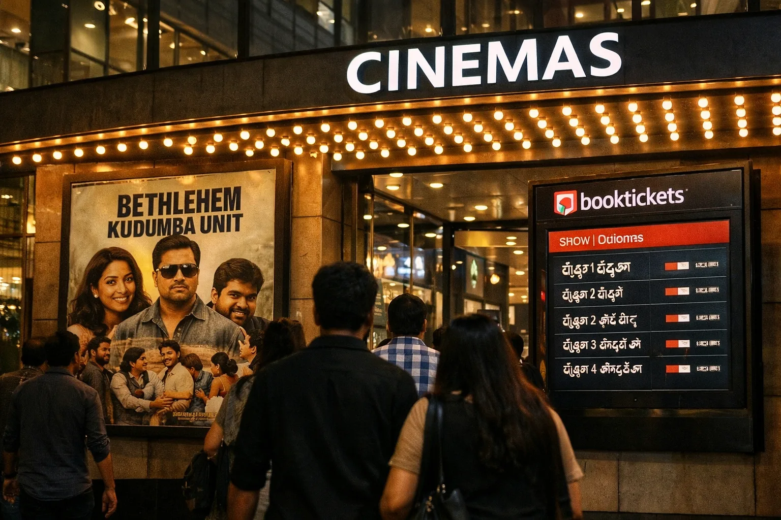 Night photograph of a Hyderabad multiplex entrance with a Telugu film poster and moviegoers entering under illuminated cinema signage.