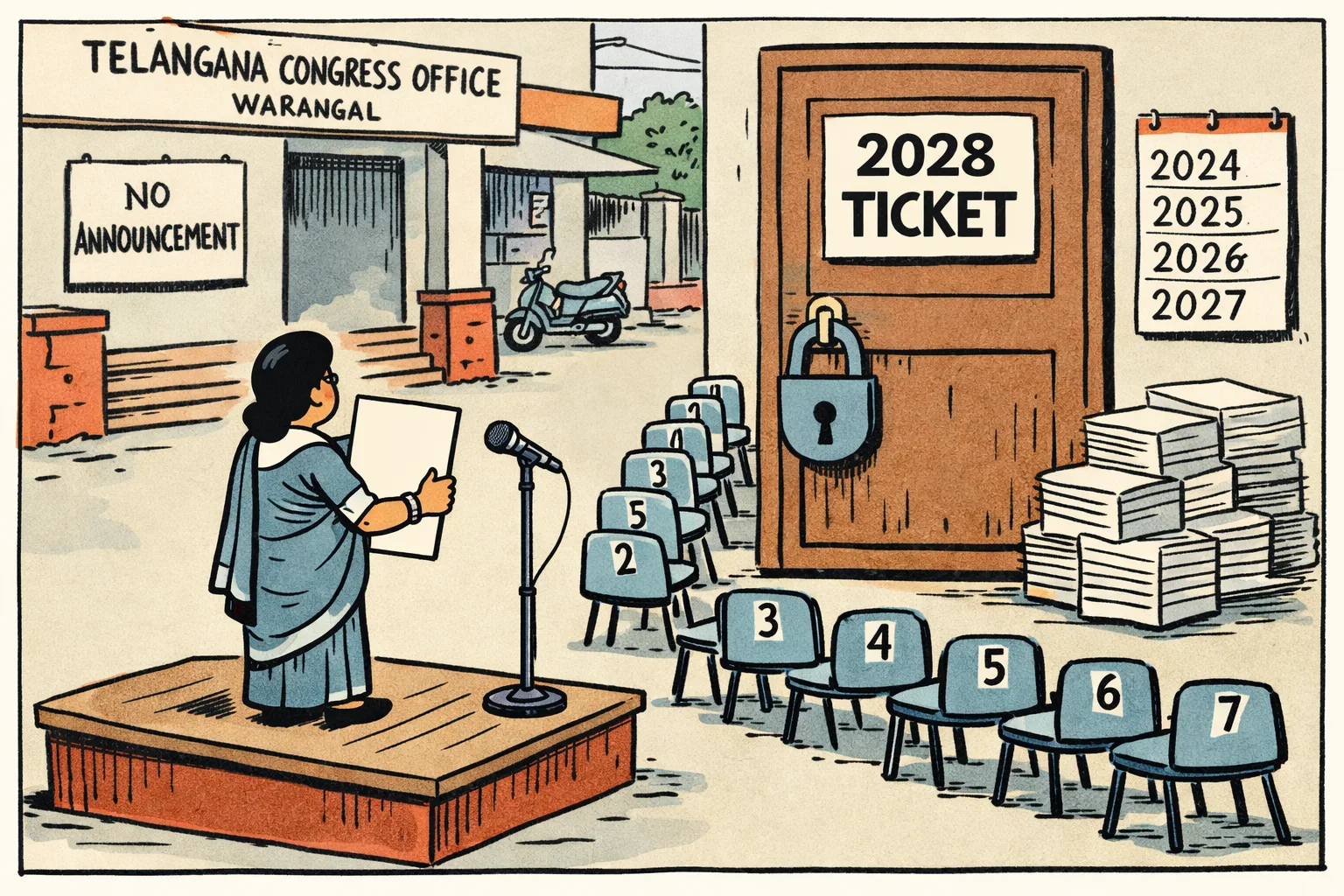 An unidentifiable politician-shaped figure auditions on a small stage before a locked office door marked 2028 TICKET, while blank ticket forms and empty numbered chairs wait outside a Telangana party office.