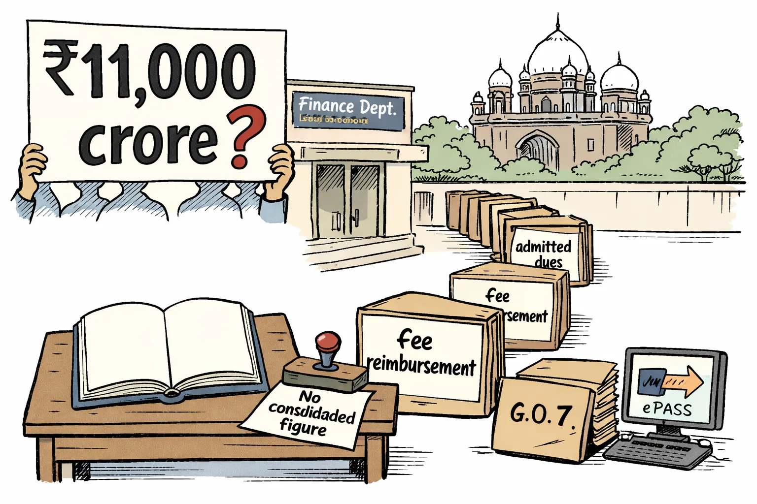 A giant protest placard marked “₹11,000 crore?” towers over a small open government ledger with a blank total, while files labelled “admitted dues” and “fee reimbursement” queue outside a Telangana government office near the High Court.