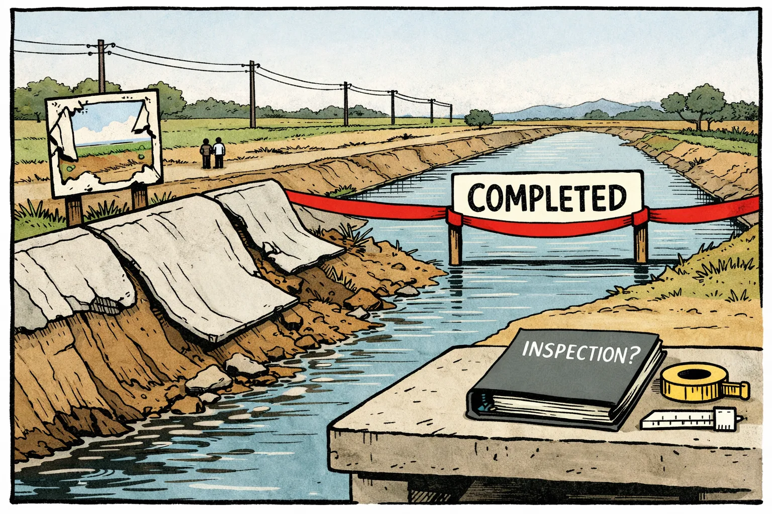 A Telangana canal with large sheets of RCC lining peeled away, exposing the muddy embankment, while a fresh completion ribbon and banner hang above the damaged section and an official-looking folder rests on a concrete milestone.