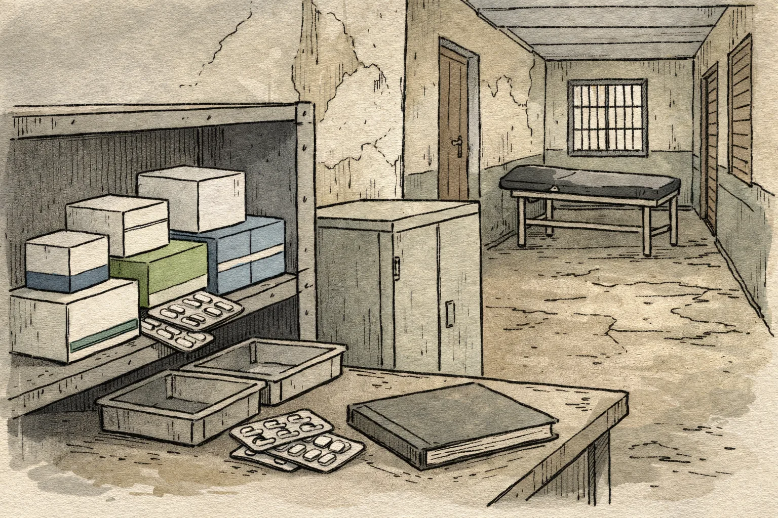 A quiet, deteriorating government health-centre room in Jadcherla with sealed medicine cartons and blister packs arranged on a dusty shelf, a closed records cupboard and an empty examination table in the background.