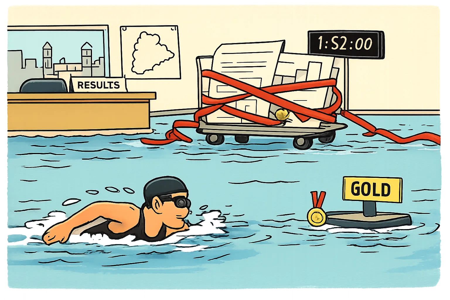 A young swimmer heads toward a gold medal while a results sheet and timing certificate trail behind on an office trolley in a pool-like newsroom.