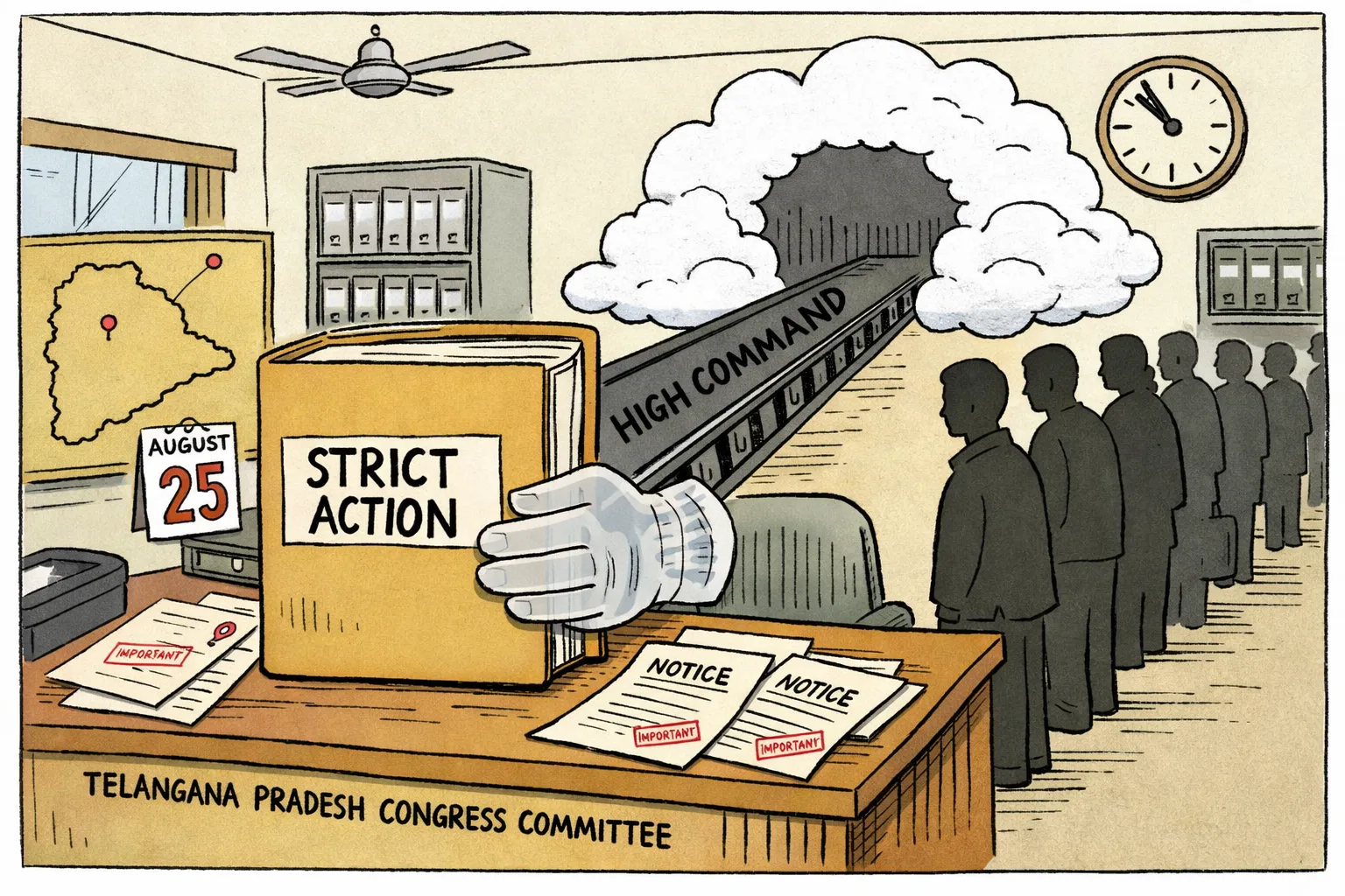 A large disciplinary-action file sits on a Telangana office desk while a conveyor belt carries it toward a distant office and a transparent hand holds it back; an office queue waits nearby.