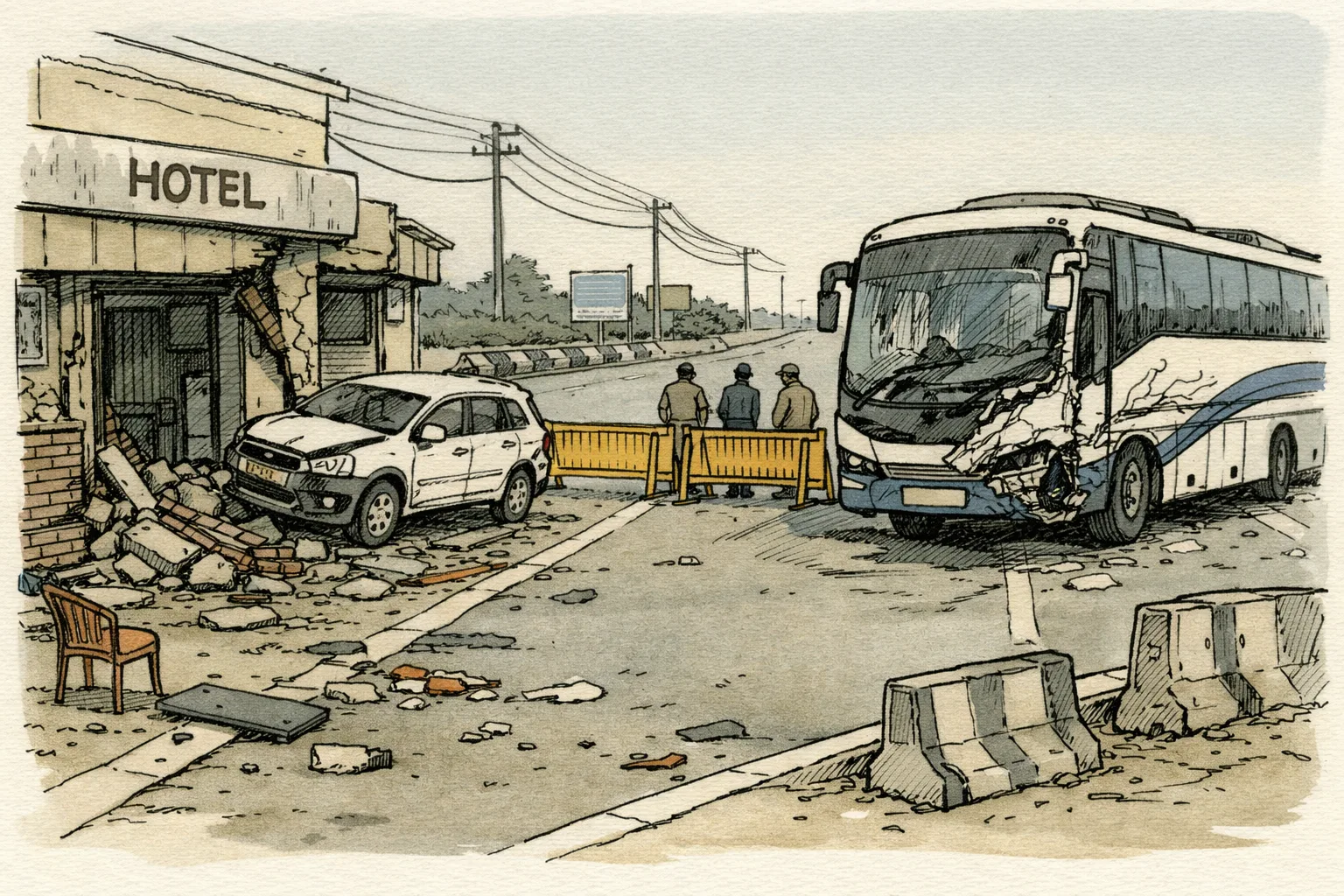 A damaged roadside hotel frontage and a collision-damaged intercity bus stand beside a Hyderabad highway, with police barricades and scattered debris in the early morning.