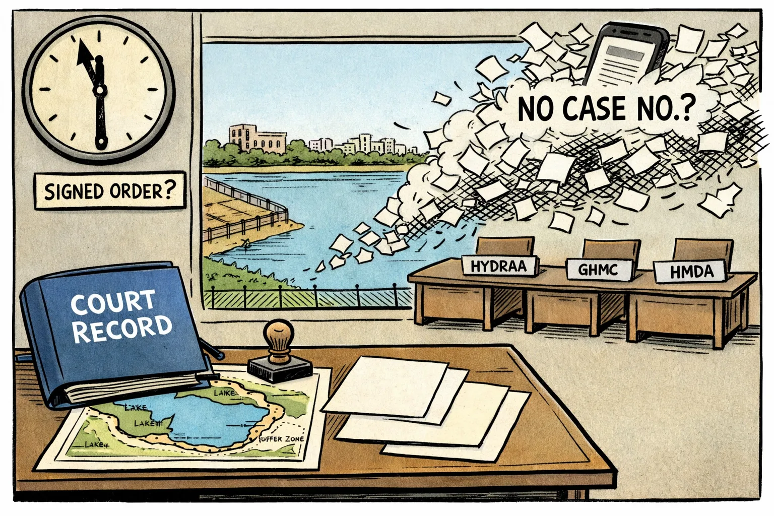 A Telangana High Court file marked with a lake map sits beneath a large courthouse clock, while a phone displaying an anonymous social-media post blows paper noise toward officials’ empty desks; a fenced lake and Hyderabad skyline appear in the background.