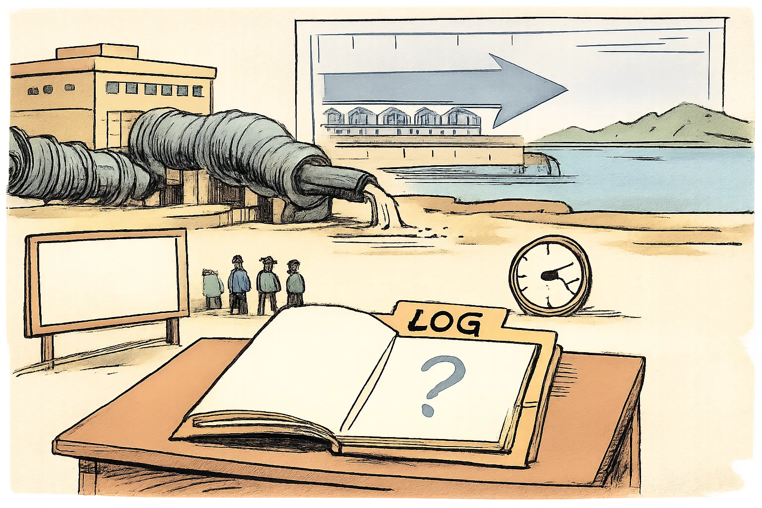 A huge irrigation pump near Yellur sends a thin stream toward a distant reservoir while a blank file marked 'LOG' sits beside a clock showing 80 minutes.