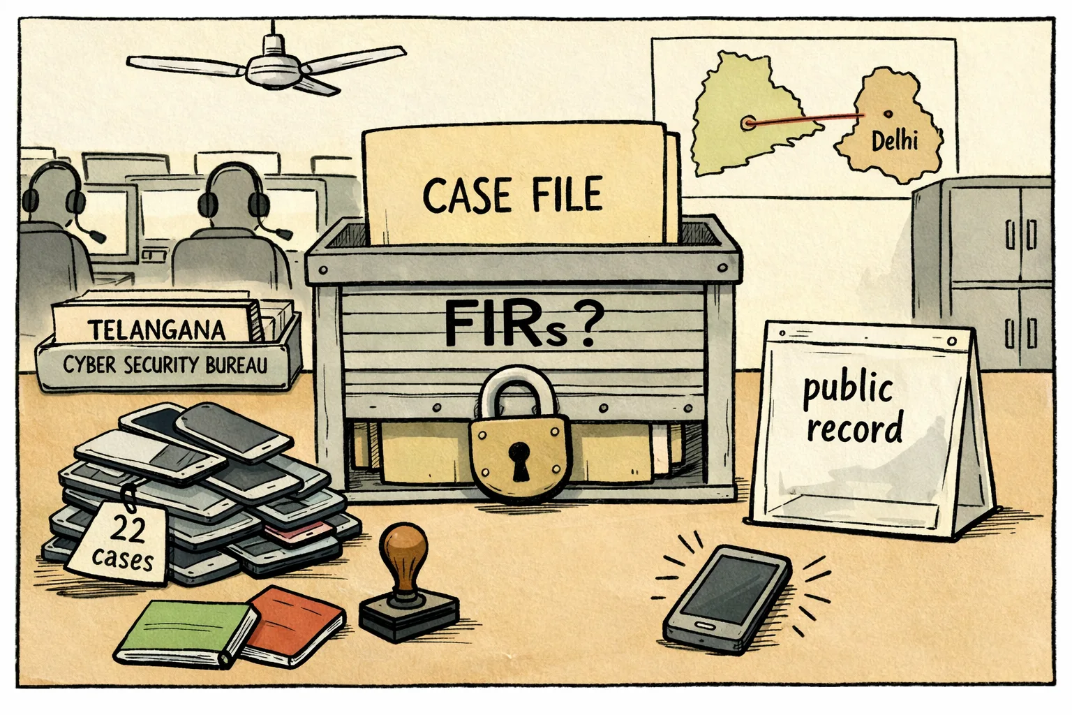 A Telangana cybercrime evidence desk holds a stack of blank case files beneath seized phones and passbooks, while a large locked folder marked “FIRs?” sits between a Telangana police counter and a Delhi call-centre headset.