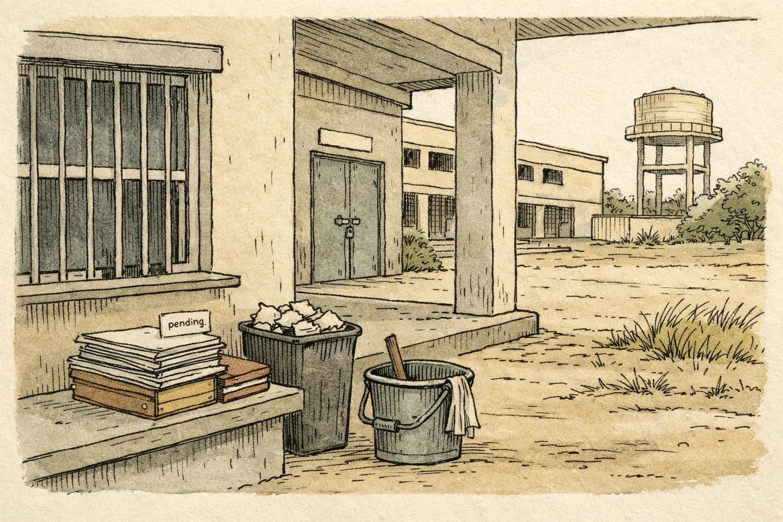 A quiet Telangana residential school campus with an uncollected waste bin, closed maintenance office and a stack of unpaid-looking bills on a desk behind a window; empty corridors and overgrown grass are visible in the background.