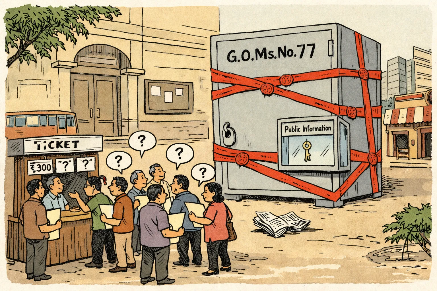 A sealed oversized government filing cabinet labelled G.O.Ms.No.77 stands outside a Telangana government office, while cinema ticket boards show conflicting ₹300 and fee questions beside a single-screen theatre and a multiplex.
