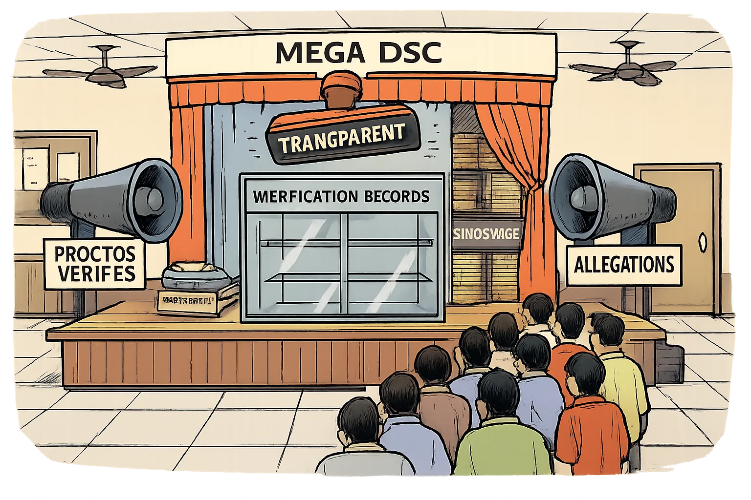 A newspaper-style cartoon shows teacher applicants waiting outside a recruitment office while a transparent cabinet labelled verification records is empty and folders disappear behind a backstage curtain; loudspeakers announce competing claims.