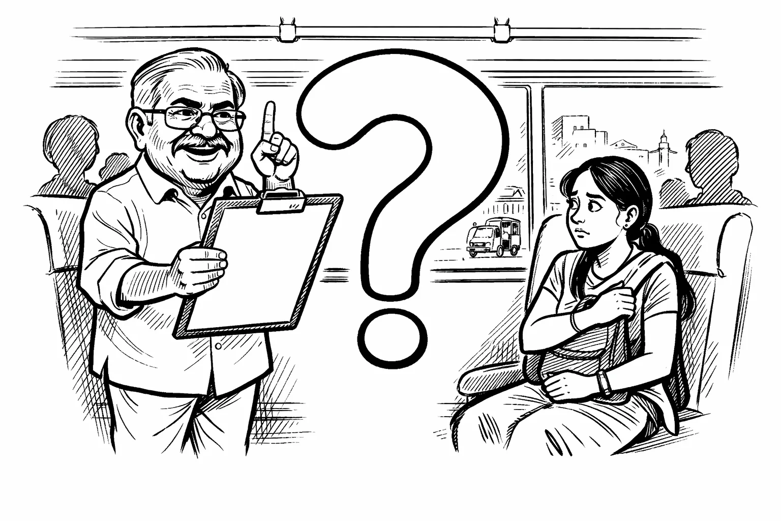 Inside a Telangana bus, a caricatured elderly MLA presents an oversized inspection clipboard toward an adult student passenger who keeps her hand close to herself; a huge blank question-mark-shaped gap separates them while other passengers watch.