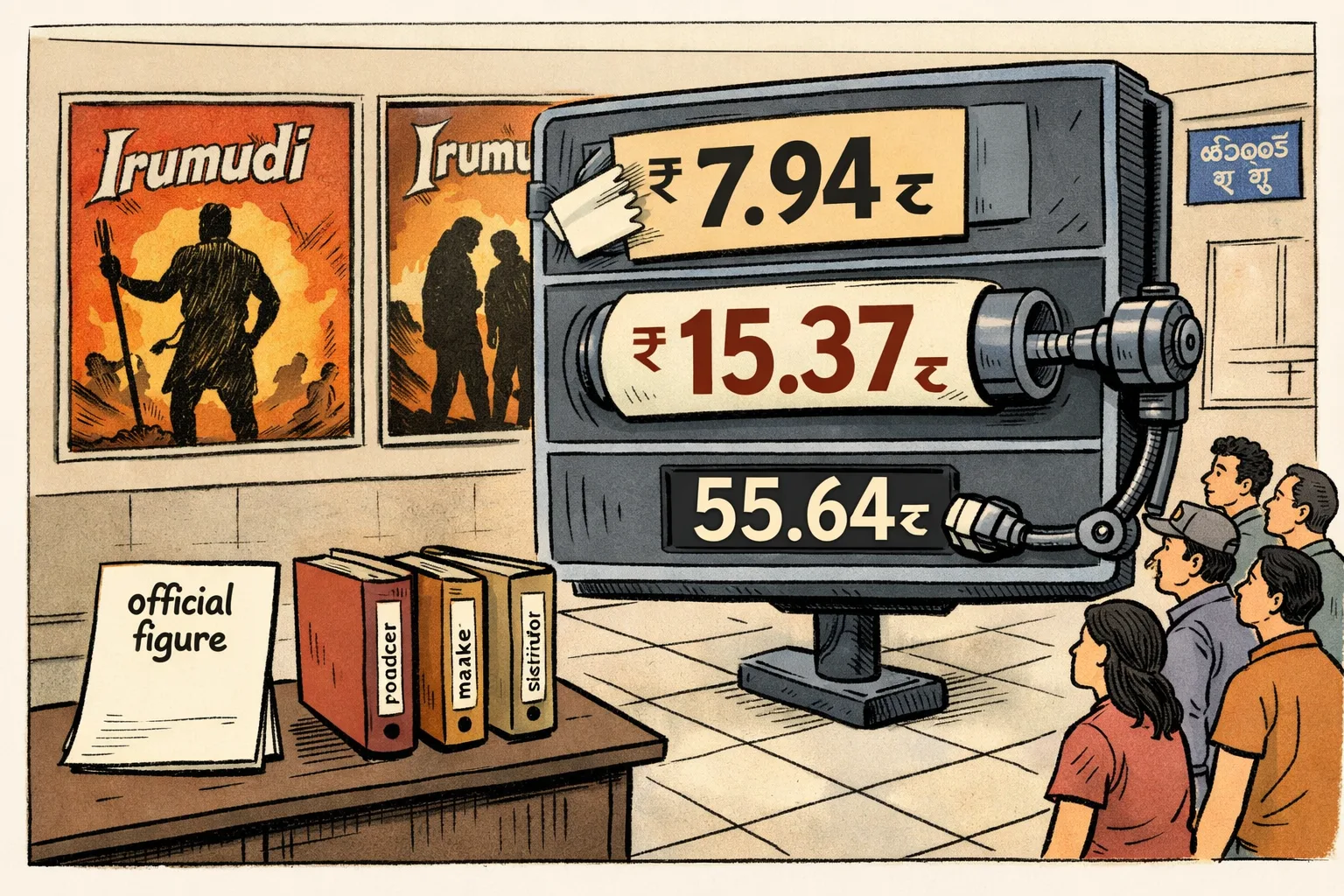 A hand-drawn Hyderabad multiplex lobby cartoon shows a box-office scoreboard erasing ₹7.94 crore while replacing it with ₹15.37 crore; a blank official-figure form sits beside it.