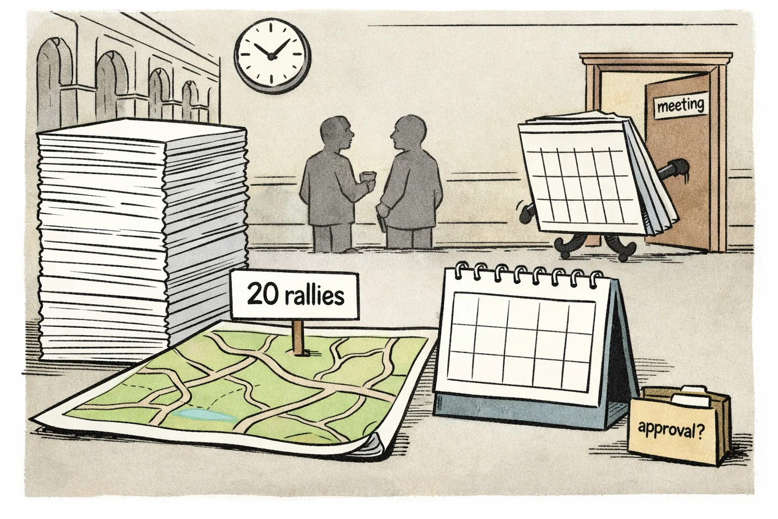 A cartoon government-office desk holds a large folder and map marked “20 rallies” beside a blank calendar, while a small calendar-shaped object leaves through a meeting-room door.