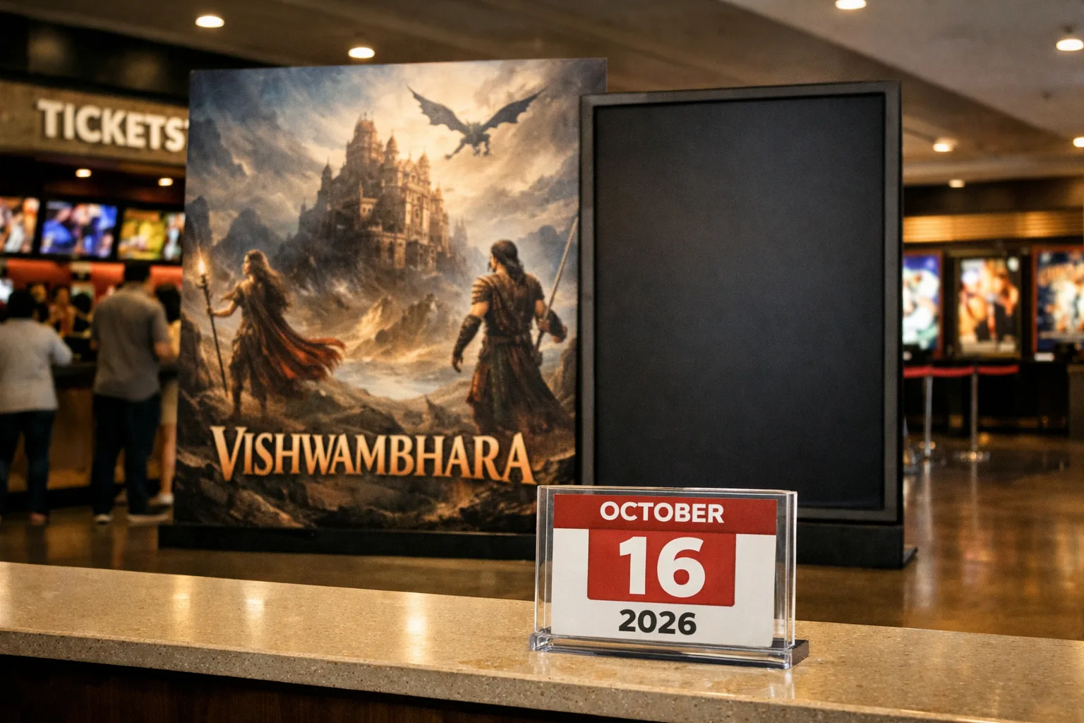 A cinema foyer displays a Vishwambhara promotional standee beside a blank digital-release panel, with a theatrical date card for October 16, 2026 on the counter.