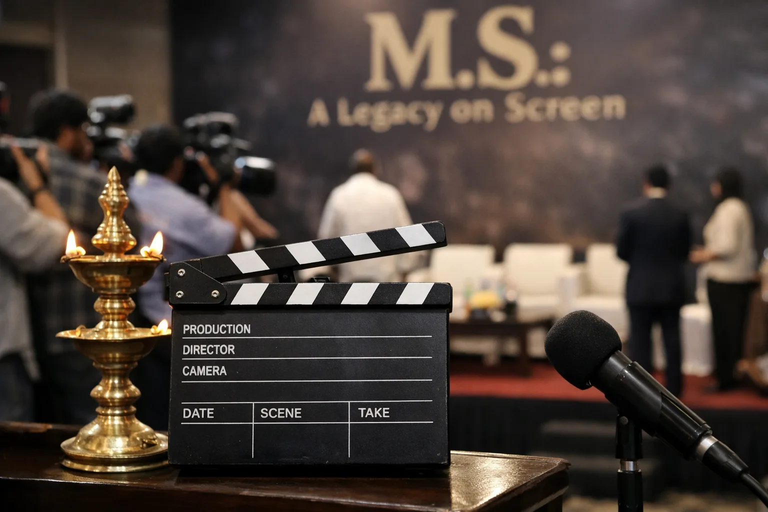 A film clapboard and microphone sit in front of a softly blurred stage at a Chennai biopic launch event.