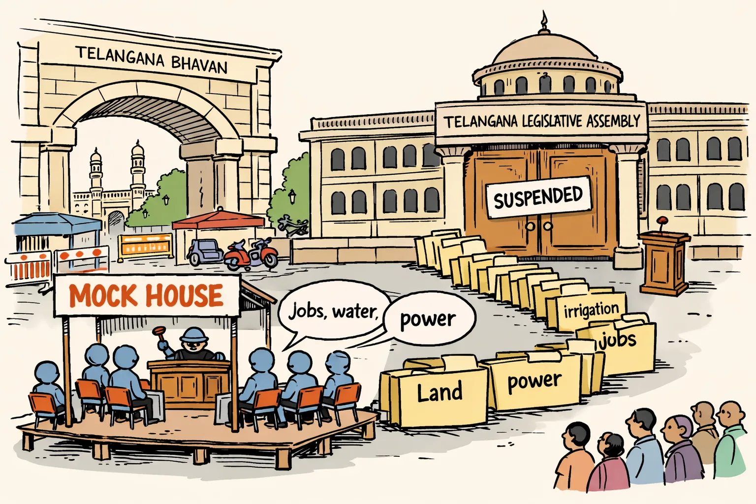 A small mock assembly outside Telangana Bhavan sits beside a much larger locked legislative building, while labelled files pile up between them.
