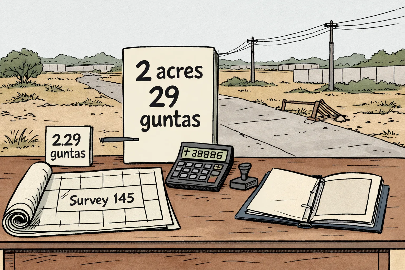 A Telangana revenue office desk holds a huge rolled land map marked Survey No. 145, a calculator, a measuring scale and two conflicting folders labelled ‘2.29 guntas’ and ‘2 acres 29 guntas’; behind them, an unguarded concrete road cuts through scrubland beside a local highway.