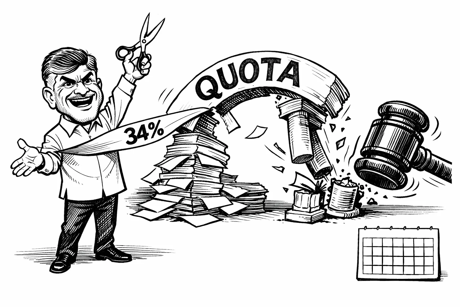 A caricatured Andhra Pradesh chief minister cuts a ribbon marked 34% as a paper arch collapses from an unfinished stack of legal pages and an oversized courthouse gavel severs its last support; a small calendar shows 42 blank marks.