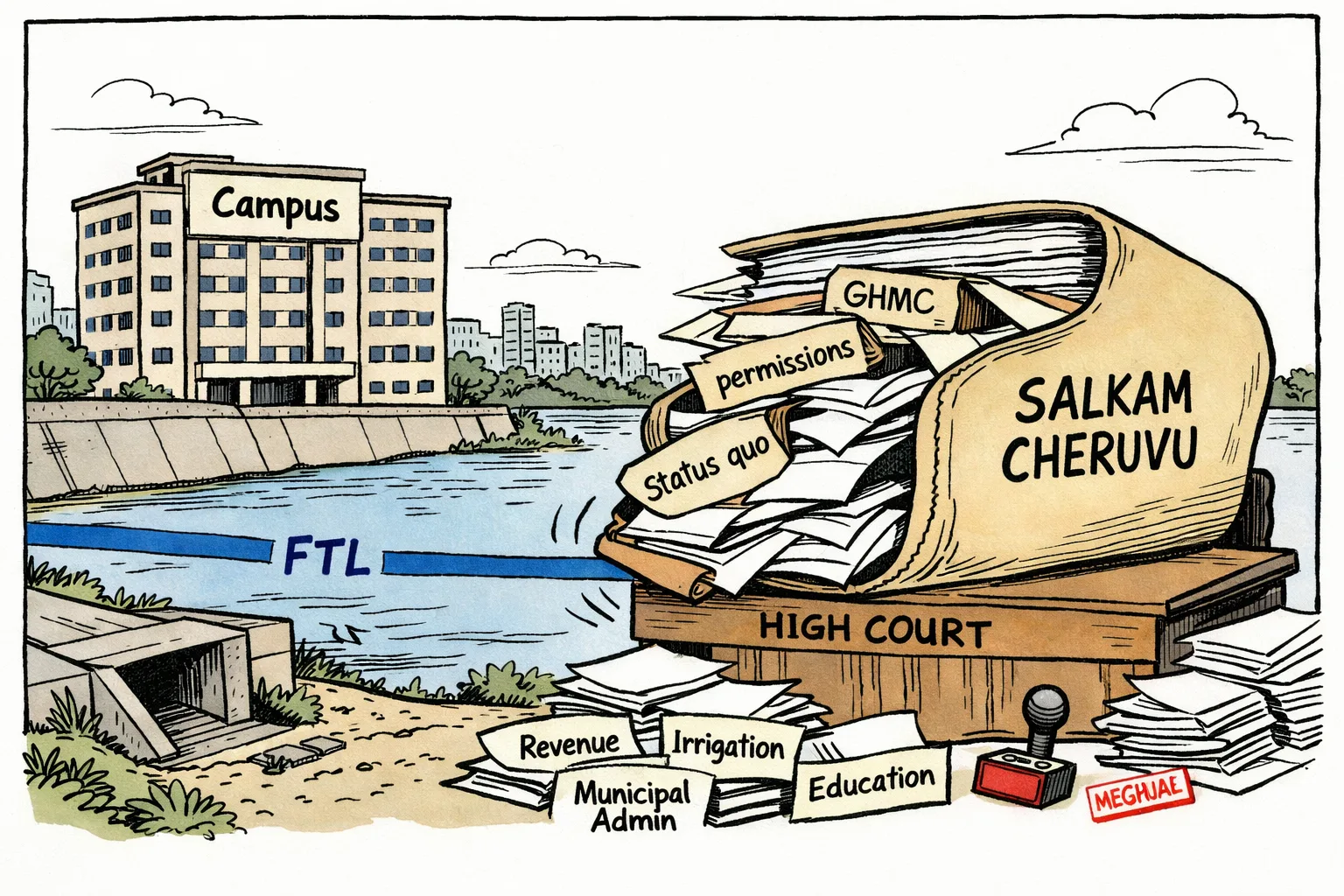 A Hyderabad lake marked by a Full Tank Level line is split between a large multi-storey educational building and a small municipal file, while several government department folders sit on a court bench beneath a suspended status-quo stamp.