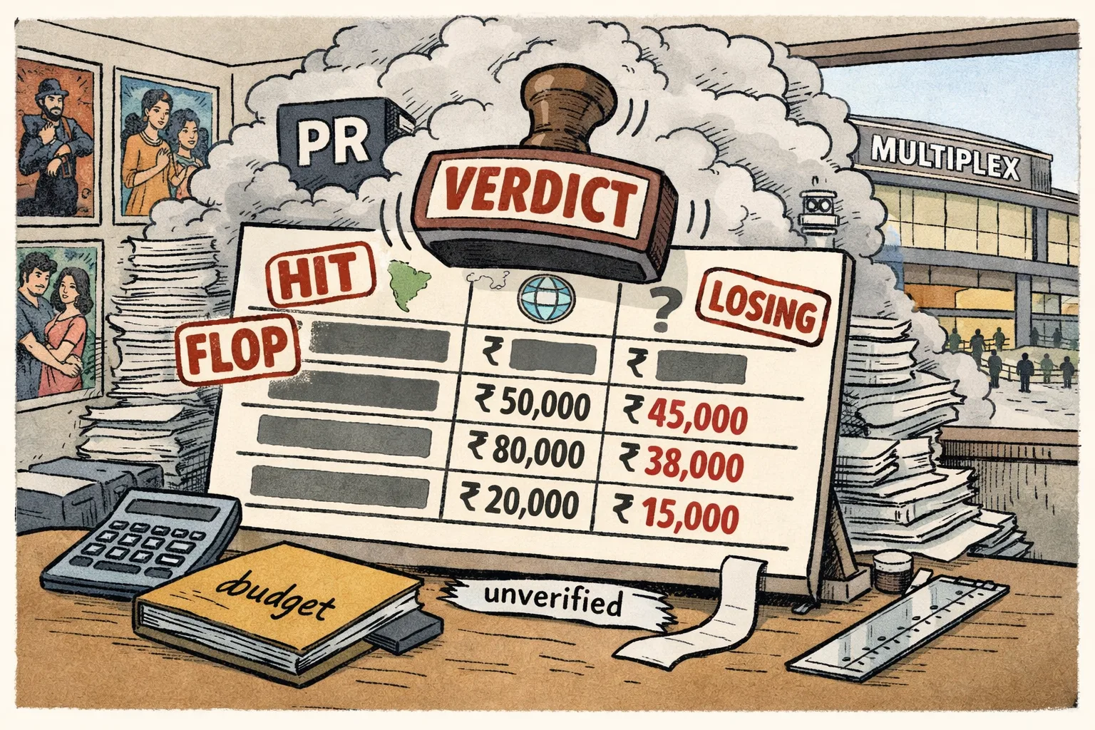 A Hyderabad cinema data room shows a large box-office scoreboard covered with hit and flop stamps while a small unverified note and unused calculator lie beneath it.