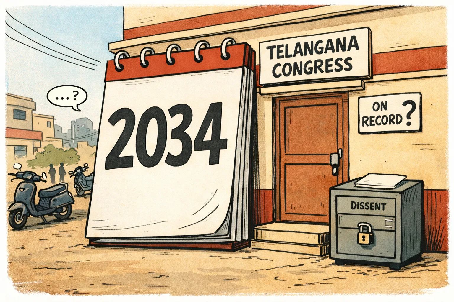 A giant calendar marked 2034 towers over a small locked office door labelled Telangana Congress, while an unsigned speech bubble and a sealed file sit on the pavement outside Gandhi Bhavan.
