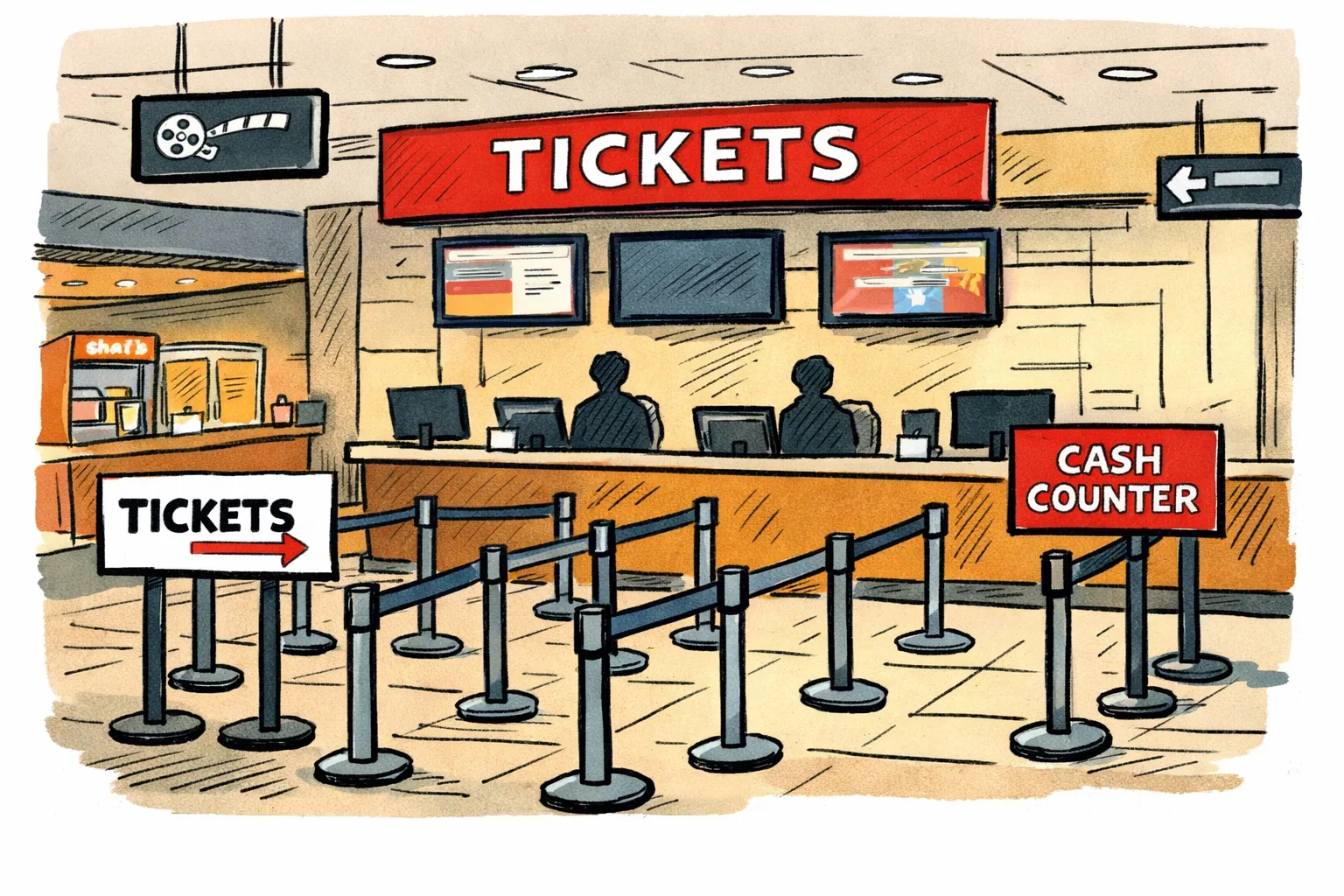 A cinema ticket counter and queue area inside a Hyderabad multiplex.